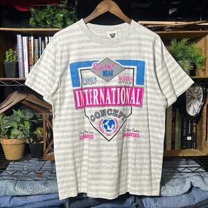 Vintage 90s Single Stitch International Concept Striped Tee Shirt Grey Large